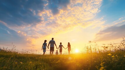 Wall Mural - A family walks hand in hand during sunset on a grassy field while enjoying a beautiful evening outdoors together