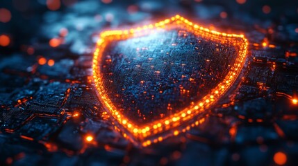 Poster - A glowing holographic shield symbol glistens in a dynamic digital environment, representing security and data integrity amidst a network grid.