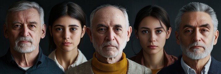 Poster - Five people of different ages stand close together, each exhibiting a unique expression while facing the viewer against a dark backdrop. Generative AI