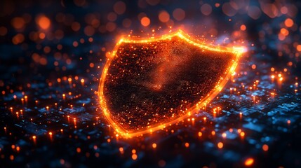 Poster - A shimmering holographic shield symbol glows brightly, representing data protection amidst a backdrop of binary code and digital elements.