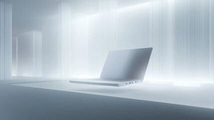 Poster - A Closed Laptop Rests on a White Table in a White Room with Vertical Lines