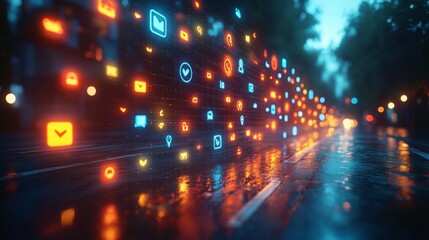 Poster - A vibrant holographic social media interface glows on a wet city street, featuring multiple colorful icons against a dark, rainy backdrop.