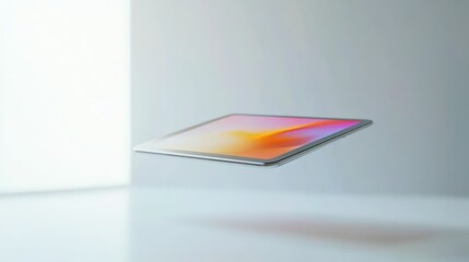 Aufkleber - A Silver Tablet Floating in Mid-Air with a Colorful Abstract Background
