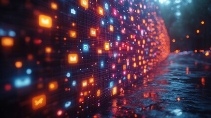 Poster - A futuristic urban street is illuminated by a holographic social media interface featuring vibrant icons glowing in various colors, creating a dynamic atmosphere.