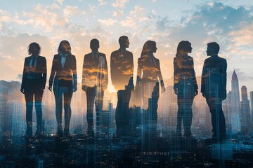 People standing in city skyline double exposure created with Generative AI