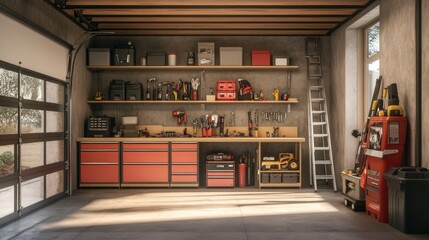 Aufkleber - A Well-Organized Garage Workshop with Tools and Equipment