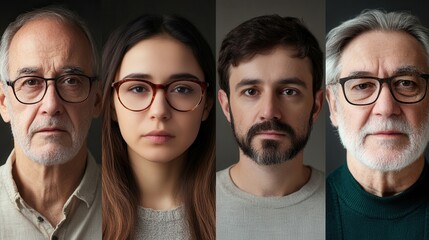 Poster - A group of four people featuring an elderly man, a middle-aged man, a young man, and a young woman, each showcasing unique expressions on a dark backdrop. Generative AI