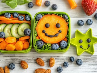 Happy Snack Time A topdown view of a healthy lunchbox with carrots cucumber blueberries and a smiling orange slice surrounded by almonds and blueberries on a white wooden table