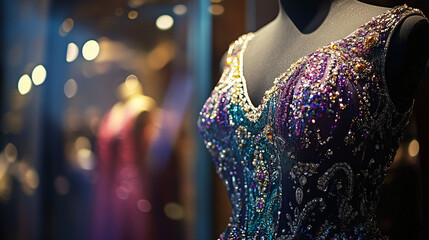 A close-up of a couture evening gown embellished with intricate beadwork and embroidery, displayed on a mannequin in a boutique window, with soft, ambient lighting highlighting the details