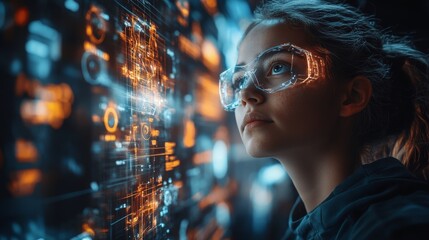 Poster - Students engage with a holographic teacher providing guidance in a modern classroom filled with interactive technology and digital displays.
