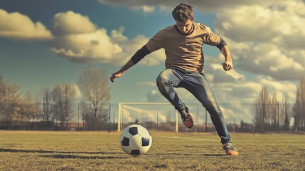 Wall Mural - Young man kicks a soccer ball on a sunny field.