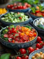 Vegan meal presentation on a rustic wooden surface