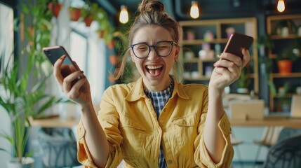 Poster - Euphoric young female worker holding mobile phone celebrating win receiving good news about job promotion, getting hired, feeling happy, rejoicing success with yes reaction working in office. Vertical