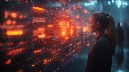 Poster - A woman observes a holographic timeline of a conversation, surrounded by glowing data patterns in a dimly lit space.
