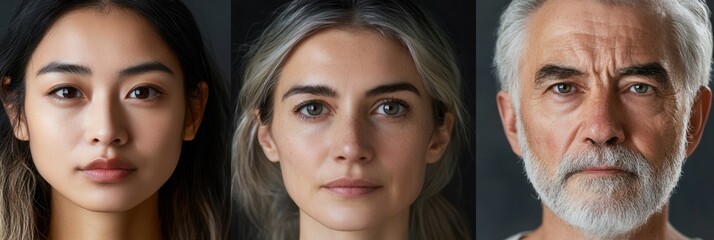 Aufkleber - A captivating portrayal of three individuals with distinct features, representing diversity in age and ethnicity, captured in soft, dramatic lighting. Generative AI