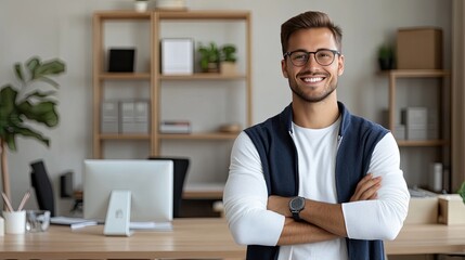 A cheerful young Indian man stands in a contemporary office space, wearing a hoodie and glasses, showcasing a relaxed and confident demeanor while smiling warmly