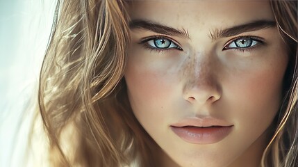 A close-up portrait of a female model with flawless skin and striking eyes, framed by soft, wavy hair. The daylight highlights her features, creating a vibrant and detailed image.