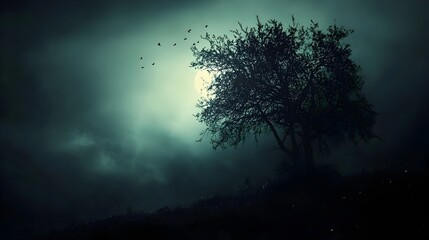 Poster - A conceptual image depicting the darkness creeping over a landscape with the light fading away and leaving only silhouettes  This moody and atmospheric scene evokes a sense of mystery foreboding