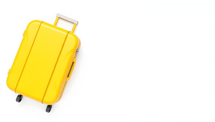 Wall Mural - Yellow suitcase on a white background with a flying airplane icon. Travel and vacation concept, business trip. Flat lay, top view isolated with white highlights, png