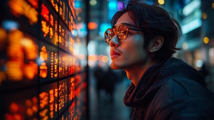 Wall Mural - A trader engages with a holographic currency display, analyzing market trends in a bustling urban financial district at night.