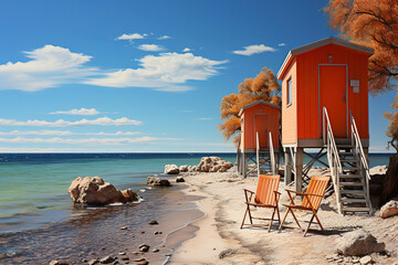 a beach chair and looking at the ocean The sky is blue and cloudy and the waves are crashing on shore