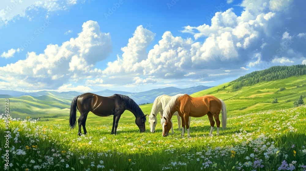 Three horses graze peacefully in a vibrant green meadow under a bright ...