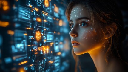 Poster - A student interacts with holographic displays in a modern virtual classroom, exploring innovative educational tools and technologies.
