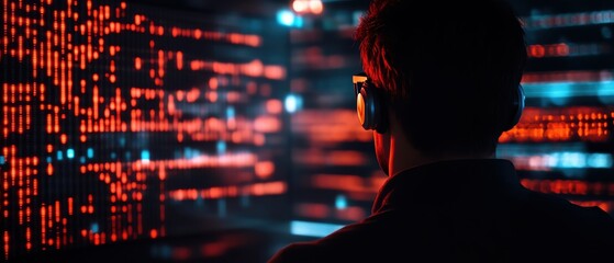 Poster - A focused individual observes a vibrant digital display, immersed in technology and data visualization.