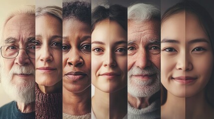 Wall Mural - A collection of diverse individuals, showcasing different ages and ethnicities, each displaying unique expressions in a warm, inviting atmosphere. Generative AI