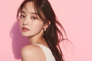 beauty portrait of young asian woman in dress on pink background