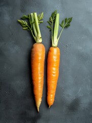 Wall Mural - Two fresh carrots with green tops laid side by side on a dark, textured surface, emphasising their natural and vibrant freshness.