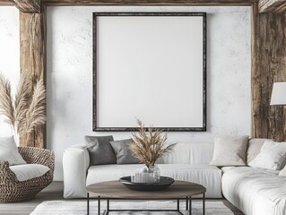 Wall Mural - Rustic Farmhouse Living Room Mockup with Barnwood and Metal Frame Decor   3D of Cozy Vintage Inspired Interior with Exposed Beams and Mix of Modern and Traditional Furnishings