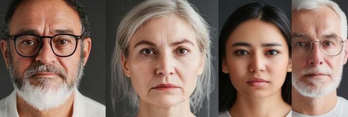Poster - Four people with different backgrounds and ages display a range of expressions, emphasizing the beauty of diversity and individuality in a simple studio setting. Generative AI