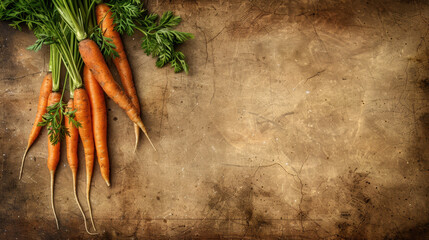 Canvas Print - A bunch of fresh carrots with green tops arranged on a rustic, earthy-toned background, highlighting natural simplicity and wholesome produce.