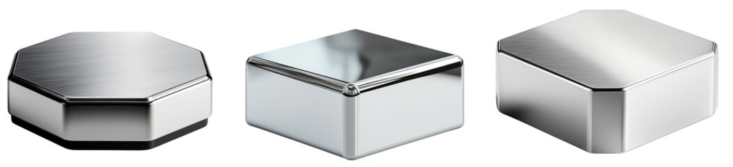 Hexagon, Square and Cube Metal Shapes:  A collection of three metallic shapes, each with a unique geometric form, isolated on transparent background.