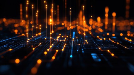Poster - A vibrant abstract representation of data flow with glowing orange lights on a dark background, symbolizing technology and innovation.