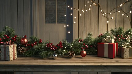 Festively decorated table with Christmas gifts, pine garland, and string lights on a winter evening at a cozy home