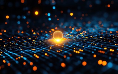 Poster - A vibrant digital abstract with glowing elements, featuring a central light orb amidst a network of shimmering particles.