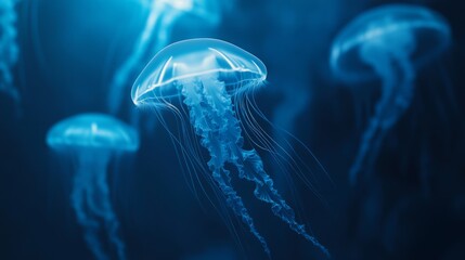 Aufkleber - A group of jellyfish floating effortlessly in the deep blue sea, their translucent bodies glowing in the dim light.