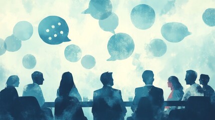 Poster - A group of people in a meeting room, engaged in a discussion with speech bubbles and comment icons floating above, representing the exchange of opinions.