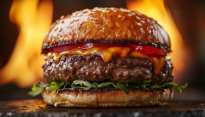 Wall Mural - Delicious cheeseburger with sesame seed bun, fresh lettuce, tomatoes, and melty cheese grilled to perfection at a backyard barbecue