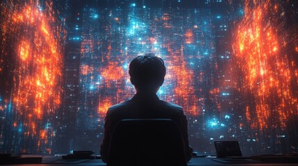Poster - A person sits in front of a glowing wall, surrounded by holographic avatars and vibrant data displays in a modern, tech-savvy environment.