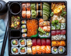 Sushi Feast A BirdsEye View of a Black Box Filled with Assorted Sushi Including Nigiri Maki and Sashimi