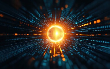 Poster - A vibrant explosion of light surrounded by digital data streams, representing energy, technology, and innovation in a futuristic setting.