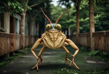 A large, creepy looking bug with big eyes stands on a sidewalk