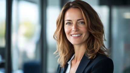 Aufkleber - A high-resolution image of a businesswoman smiling confidently at the camera, with clear skin and a polished business attire, in a well-lit office environment.