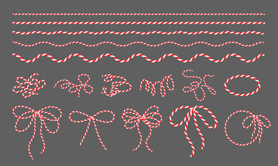 Wall Mural - Set of cotton baker twine, ribbon red white, packing thread, bows, frames for decoration, tying boxes, gift wrap for New year, Christmas, isolated elements for banners, cards. Vector EPS10	