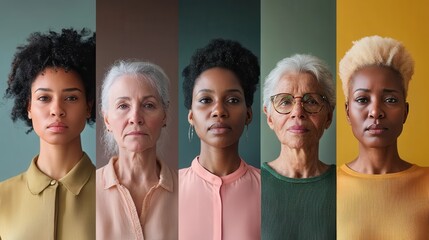 Poster - Five women of varying ages and backgrounds stand side by side, each displaying distinct hairstyles and outfits that celebrate individuality and diversity. Generative AI