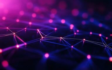 Poster - Abstract digital background with glowing nodes and connections in vibrant purple and pink hues, perfect for futuristic designs.
