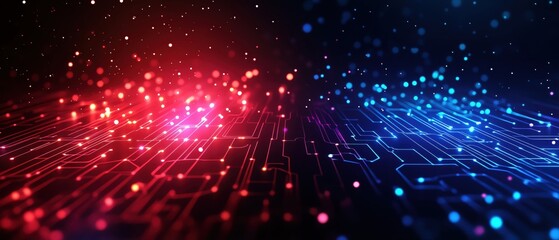 Poster - Abstract digital background with vibrant red and blue lights, representing technology and data flow in a captivating design.